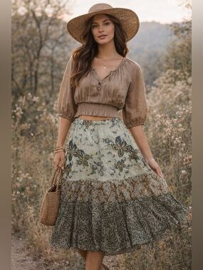 Newport News Boho Floral Tiered Midi Skirt Size 10 Flowy Cottagecore Earth Tone